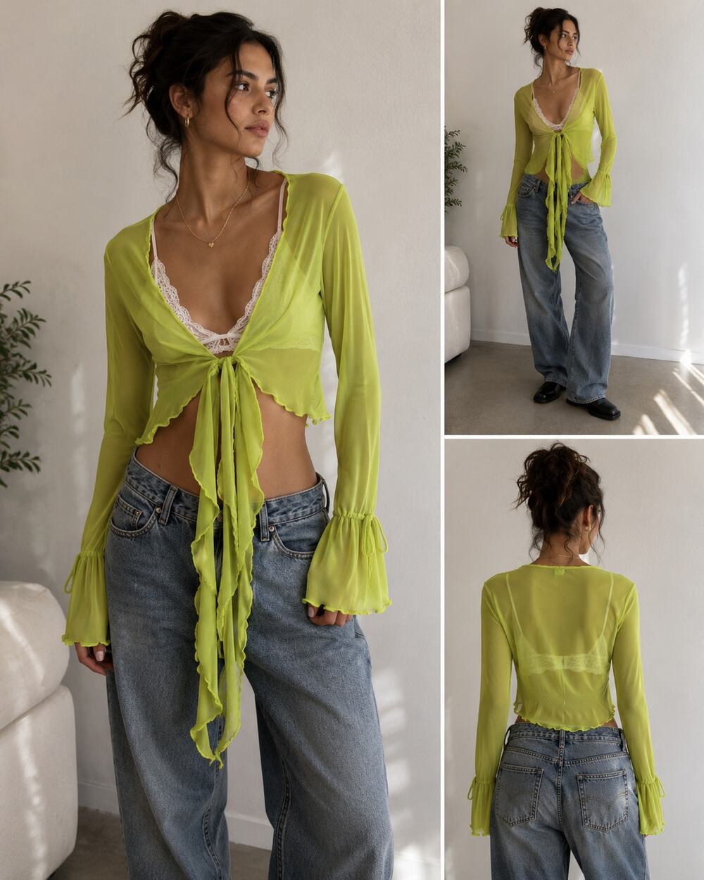 Lime Green Sheer Mesh Tie Front Ruffle Bell Sleeve Fairycore Top Women's S/M
